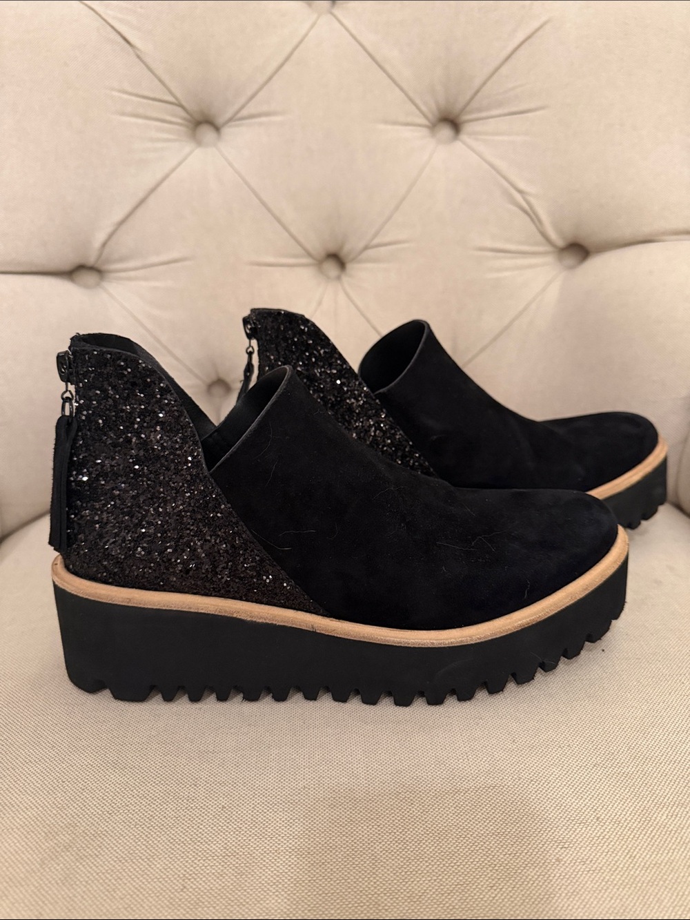 ALL BLACK Glitter Platform Ankle Shoes Shooties